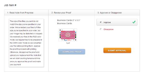 Image of Job Item screen after Prepress has proofed your design file.