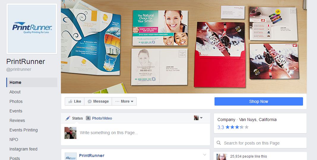 PrintRunner page with Facebook call-to-action button